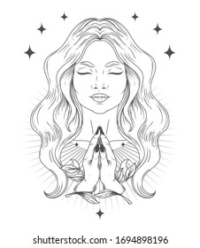 Poster with spiritual praying or meditating woman, vector illustration