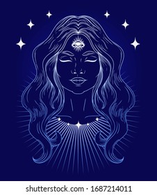 Poster with spiritual woman with third eye in the night, vector illustration