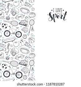 Poster from sport equipment in doodle style. Vector illustration. Hand drawn sport accessories in virtical stripe composition isolated on white background.