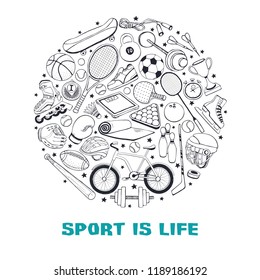 Poster from sport equipment in doodle style. Vector illustration. Hand drawn sport accessories in circle composition isolated on white background.