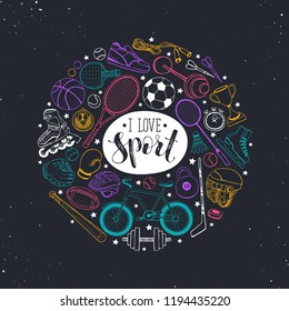 Poster from sport equipment in doodle style. Vector illustration. Hand drawn sport accessories in circle composition isolated on white background.