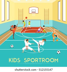 Poster Of Sportroom Where Kids Doing Gymnastics Training In Martial Arts And Playing Basketball Flat Vector Illustration