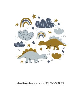 Poster spot illustration with dinosaurs, rainbows, clouds on white. Baby boy dino poster design