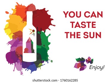 poster spots color bottle of wine with sun and house and grape leaves on white background
