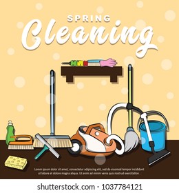 Poster of Spring Cleaning with cleaning appliance in shelves and floor. Vector illustration