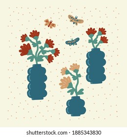 Poster of spring flowers with butterflies. Collection of vases with bouquets on a postcard. Textures with a flower in a circle of dots. Natural motifs in a flower container. The collection of plants