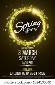 Poster for a spring party. Abstract banner of swirling neon lines. Green fresh leaves. Invitation card in night club. The names of the club and DJ. Glowing particles. Vector illustration. EPS 10