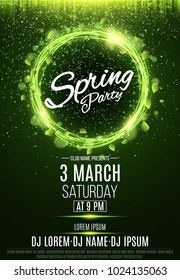 Poster for a spring party. Abstract banner of swirling neon lines. Green fresh leaves. Invitation card in night club. The names of the club and DJ. Luminous dust. Vector illustration. EPS 10