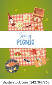 poster spring picnic, green grass, picnic basket, outdoor food. vector illustration