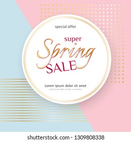 Poster Spring Sale Elegant golden specks pink background Luxury card poster for advertising sale promotions discounts Beautiful spring summer theme of fashion advertising sale discount Vector tag