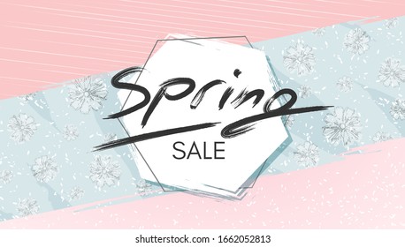 Poster Spring Sale Lettering Elegant modern floral pattern on a grunge background Poster Memphis style card for beauty sale ads Promo lettering spring summer theme fashion beauty sale discount Vector