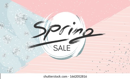 Poster Spring Sale Lettering Elegant modern floral pattern on a grunge background Poster Memphis style card for beauty sale ads Promo lettering spring summer theme fashion beauty sale discount Vector