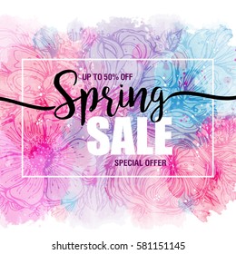 poster Spring sales on a floral watercolor background. ?ard, label, flyer, banner design element. Vector illustration