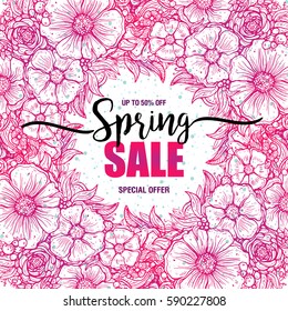 poster Spring sales on a round wreath background. Card, label, flyer, typography poster, banner design element. Vector illustration