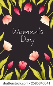 Poster with spring tulips on black background. Greeting card for Women's Day. Vector template
