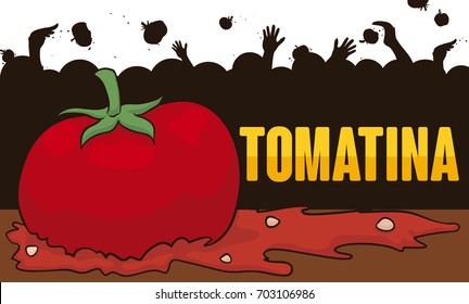 Poster with squashed tomato and behind of it there is a crowd celebrating Tomatina event.