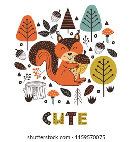 poster squirrel in forest Scandinavian style -  vector illustration, eps