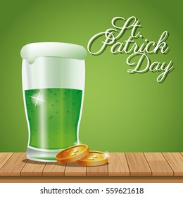 poster st patrick day glass beer coins on wooden green background