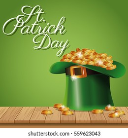 poster st patrick day leprechaun hat coins on wooden green background