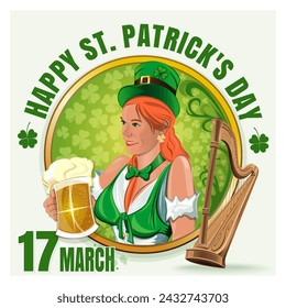 Poster for St. Patrick's Day with a beautiful red-haired girl with a large mug of beer. Vector illustration