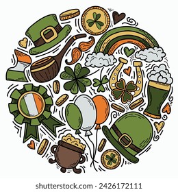 Poster for St. Patrick's Day in cartoon style in retro colors. Round greeting card in vintage style. Vector doodle illustration