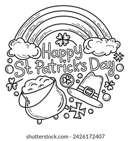 Poster for St. Patrick's Day in doodle drawing. Round greeting card in vintage style. St. Patrick's Day coloring page