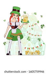 Poster for St. Patrick's Day in a flat graphic style. Irish girl in national green costume with a pint of beer. Illustration for creating cards, flyers, banners, greeting cards, invitations.