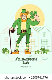 Poster for St. Patrick's Day in a flat graphic style. Irish man in national green costume with a trefoil branch. Illustration for creating cards, flyers, banners, greeting cards, invitations.