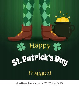 A poster for St. Patrick's Day. The legs of a cartoon leprechaun in bright green stockings and a pot of gold coins on a bright green background. An illustration for a holiday in Ireland.