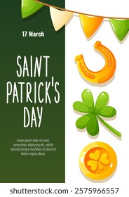 Poster for St. Patrick's Day, March 17. Greeting cards, invitations, banners, posters with images of gold coins, horseshoes, clovers, flags, with congratulatory text.