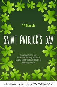 Poster for St. Patrick's Day, March 17. Greeting cards, invitations, banners, posters with images of clover, shamrock, with congratulatory text on a green background.