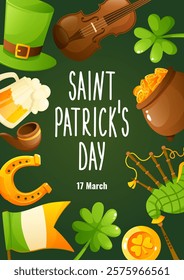 Poster for St. Patrick's Day, March 17. Greeting cards, invitations, banners, posters with the image of a green leprechaun hat cylinder, gold coins, horseshoe, clover, violin, with congratulatory text