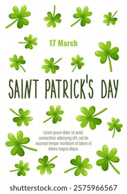 Poster for St. Patrick's Day, March 17. Greeting cards, invitations, banners, posters with the image of clover, shamrock, with the text of congratulations on a white background.