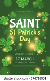 Poster for St. Patrick's Day party. Flyer in the pub for a rest. Vector Poster 3d effect with clover and glitter.