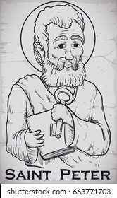 Poster with St. Peter image holding Heaven's key and book in hand drawn style, chiseled in stone.