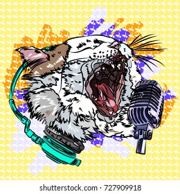 Poster for stand up. Cat yells into the microphone. Vector illustration EPS10. Design a poster for a t-shirt.
