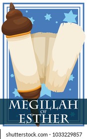 Poster with starry background and a wooden Scroll (or Megillah) of Esther: the key pillar in the celebration of the Jewish holiday of Purim.