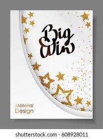 Poster with stars from gold sparkles, glitter, white paper and space for text, material design. Vector illustration. Elements for cards, banner, wedding, web, invitation, business, party.