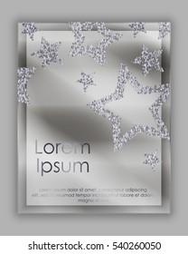 Poster with stars of the silver confetti, sparkles, glitter and space for text on silver background. Vector illustration. Elements for banner, design, logo, card, web, invitation, party.