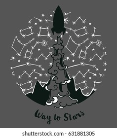 Poster with starting rocket on starry background, vector illustration