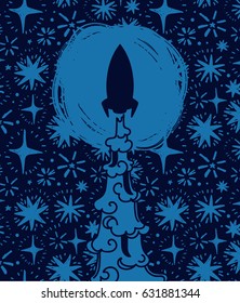 Poster with starting rocket on starry background, vector illustration