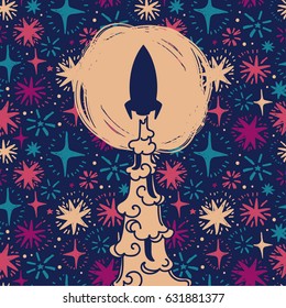Poster with starting rocket on starry background, vector illustration