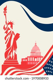 Poster with Statue of Liberty and Capitol. Concept art of US public holiday.
