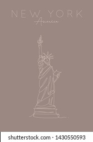Poster statue of liberty lettering new york, america drawing in pen line style on brown background