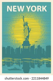 poster with the Statue of Liberty on the background of New York, and the sun in retro style