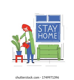 The poster stay at home. Flat design girl dived flowers in the apartment during quarantine.  Suitable for business and social services 