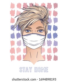 Poster "Stay home" with young woman with blonde short hair in medicine mask, vector illustration