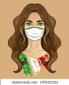 Poster "Stay home" with young woman with in medicine mask and italian flag, vector illustration