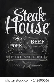 Poster steak house with a pig and a cow, in vintage style drawing with chalk on chalkboard background.