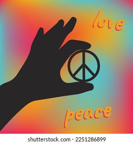 Poster, sticker, button with black hand holding peace sign and text Love, Peace in rainbow gradient background